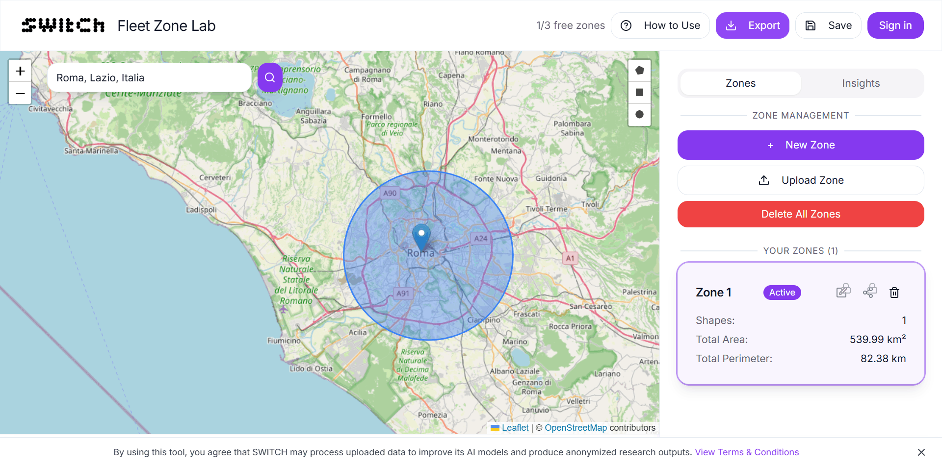 Interfaccia di Fleet Zone Lab con una zona disegnata su una città, metriche di area e dati sulla densità infrastrutturale nella barra laterale.