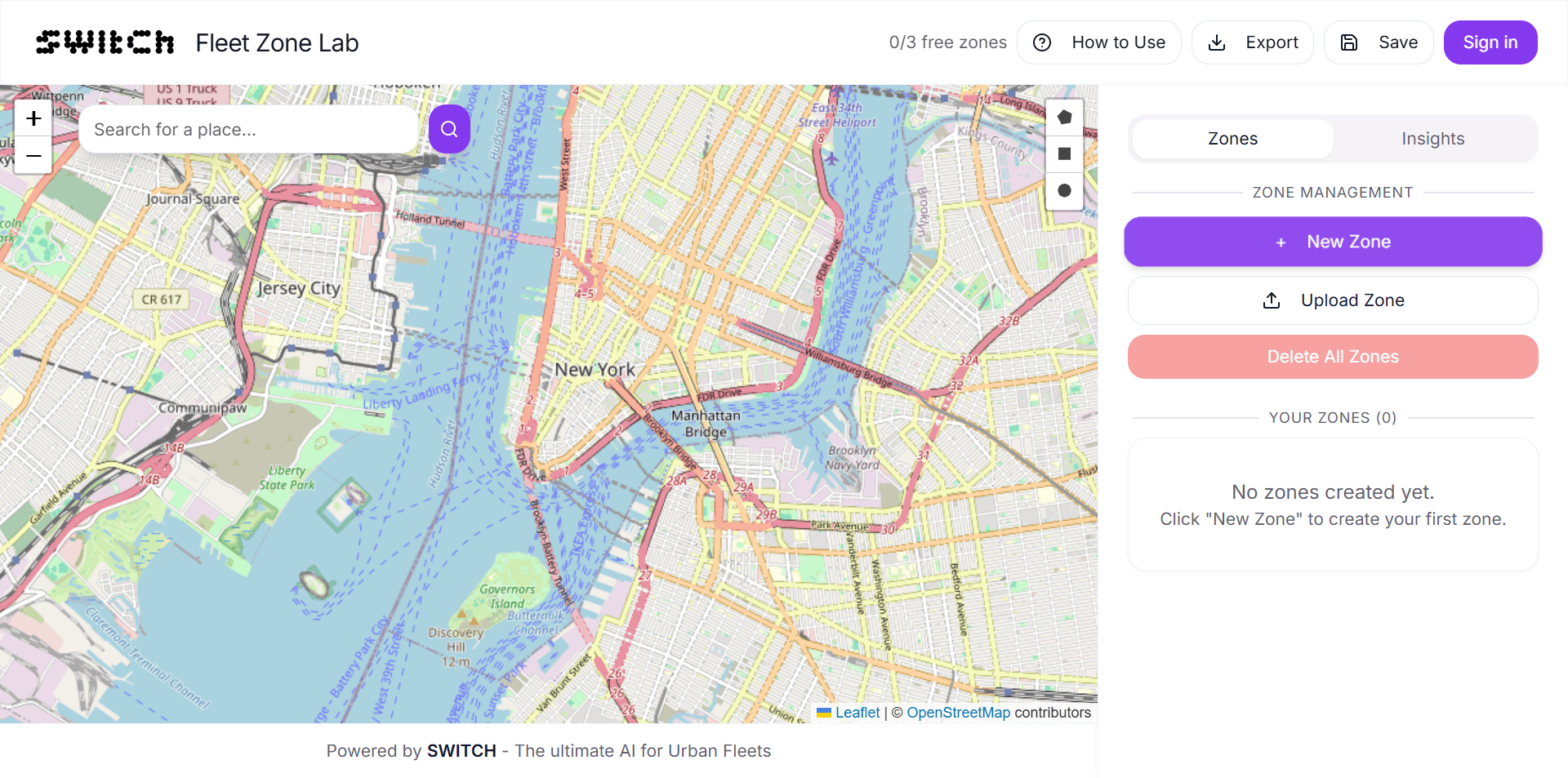 Interfaccia della mappa vuota di Fleet Zone Lab, pronta per disegnare una zona.