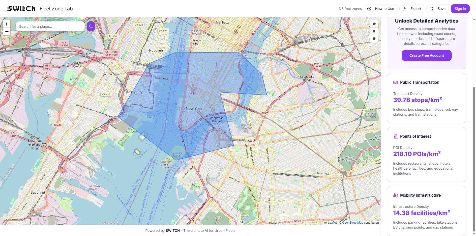 Barra laterale dei risultati di Fleet Zone Lab con area, perimetro, fermate del trasporto, conteggio POI e stazioni di ricarica EV per una zona disegnata.